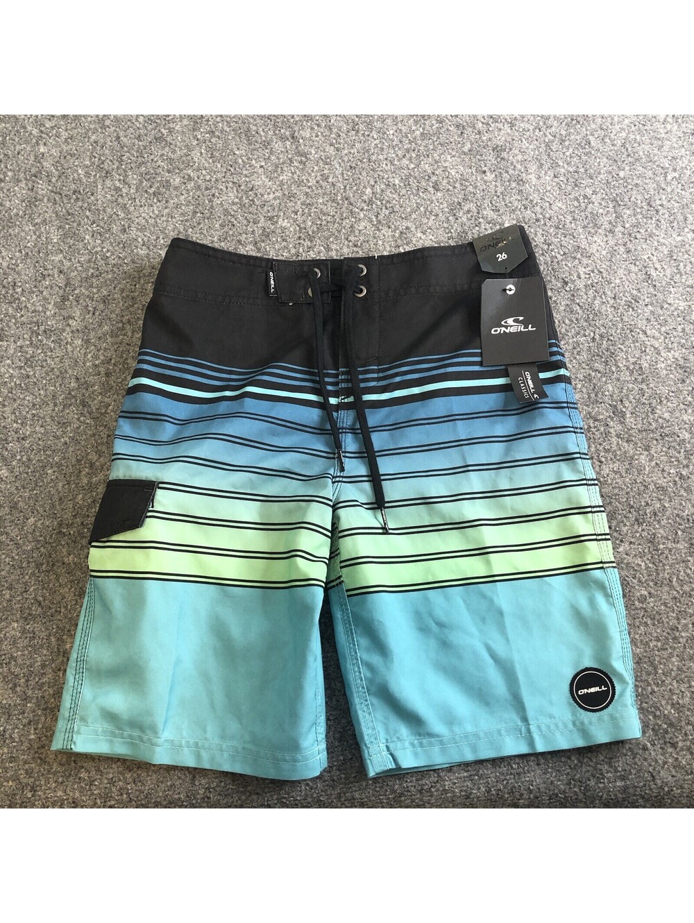 O'Neill Boys Board Shorts Boys 26 Blue Black Striped Pockets Swim Trunks NWT
